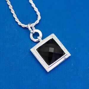 18 inch, Vintage Art Deco Geometric Black Gem Sterling Silver Necklace - D44